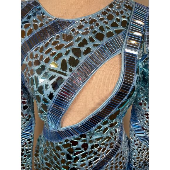Retrofete Kia Mirror Embellished Mosaic Long Sleeve Blue Atoll Mini Dress Sz M - Picture 10 of 15